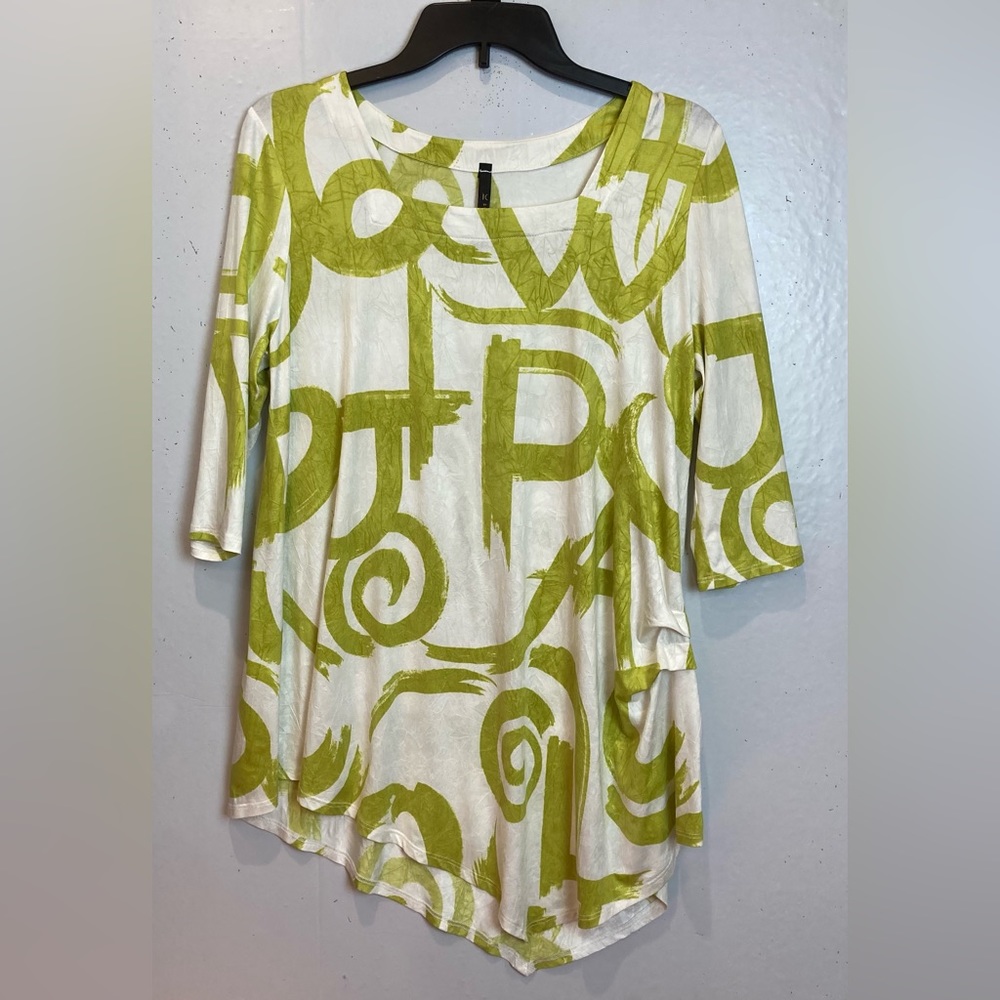 IC By Connie K Tunic Top Size S Green White Art To Wear Lagenlook Crinkle Knit
